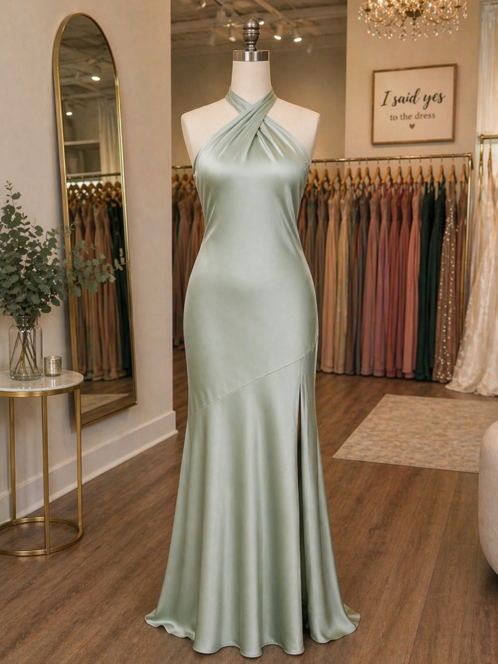 Birdy Grey Sage Cross-Halter Satin Maxi Dress with Side Slit